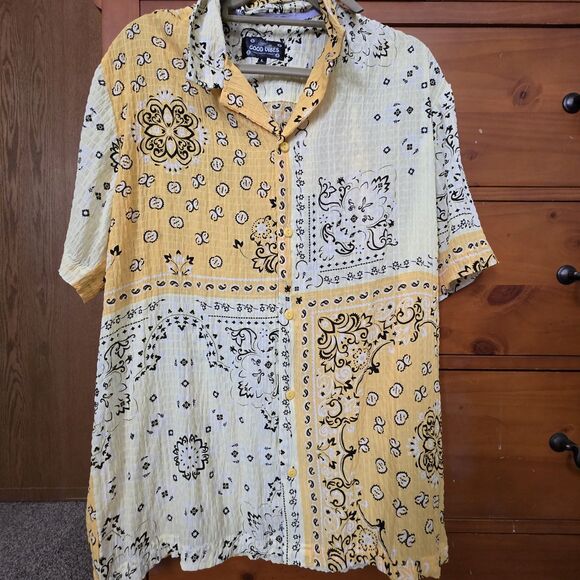 NWT Good Vibes Large Hippie Shirt Yellow Handkerchief Print 70's Button Up - Picture 1 of 8